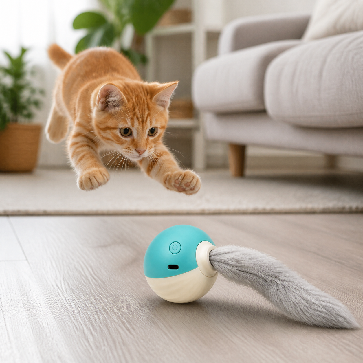 PawChase – Balle interactive rechargeable avec queue pour chats