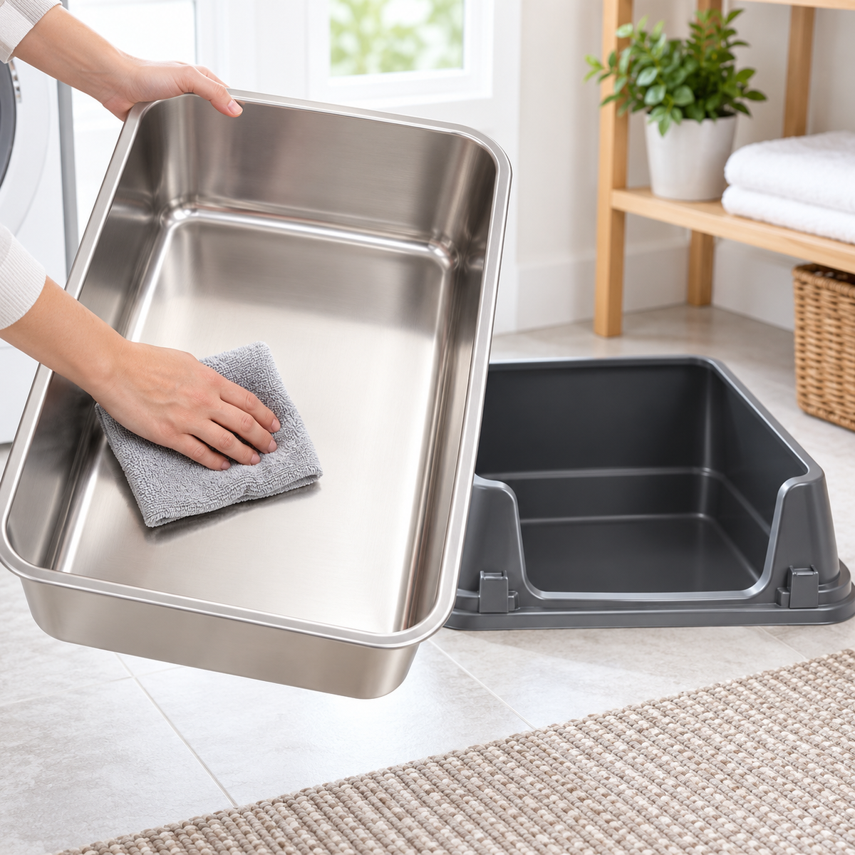 PawLoo – Bac à litière en inox à rebords hauts