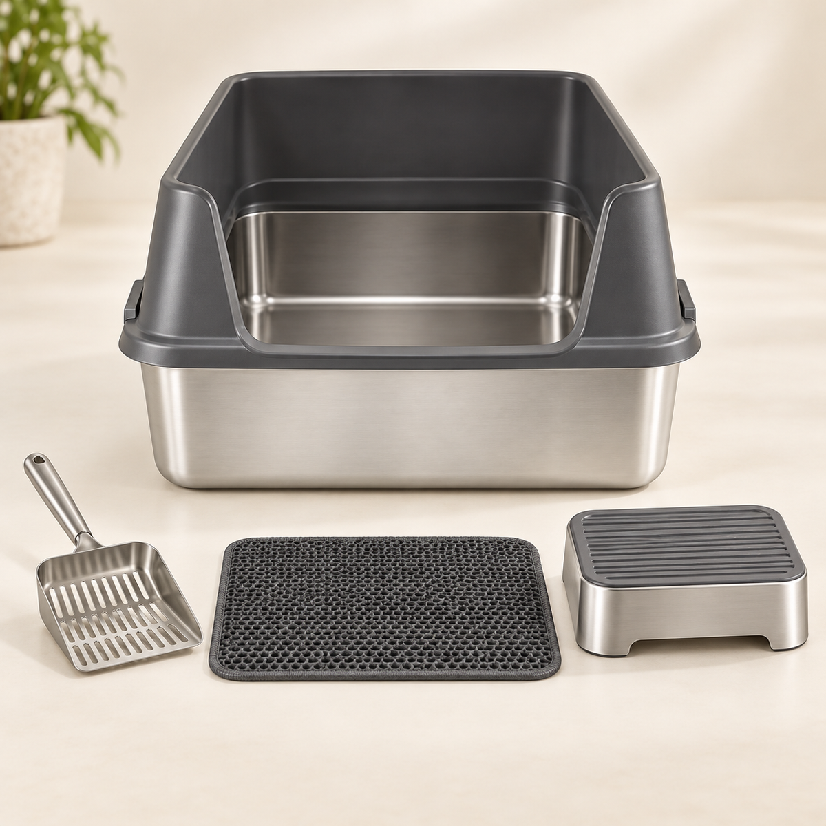 PawLoo – Bac à litière en inox à rebords hauts