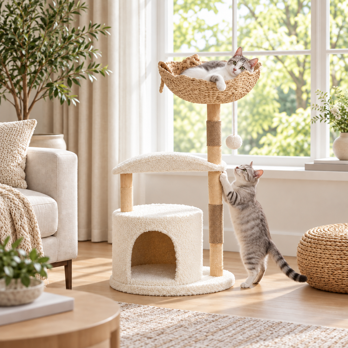 PawTower – Arbre à chat premium en bois et rotin