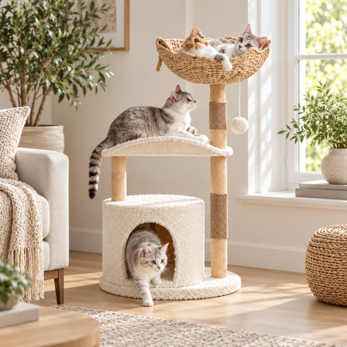 PawTower – Arbre à chat premium en bois et rotin