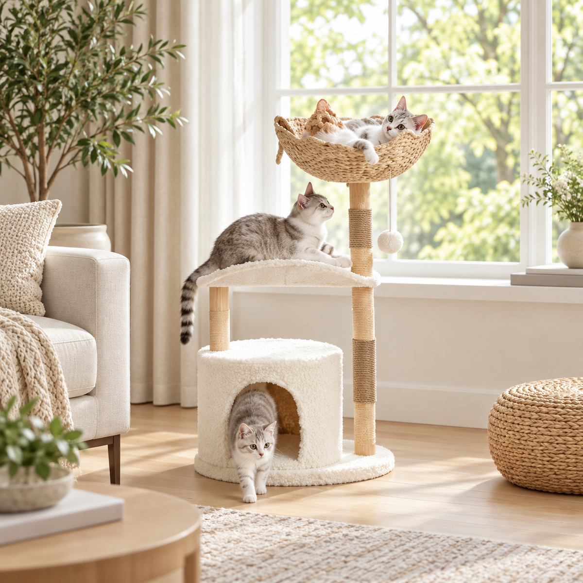 PawTower – Arbre à chat premium en bois et rotin